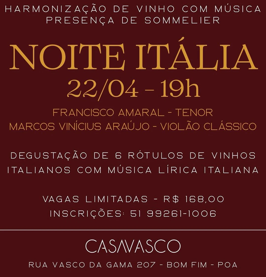 Noite Itália - Harmonização de vinho com música na Casa Vasco
